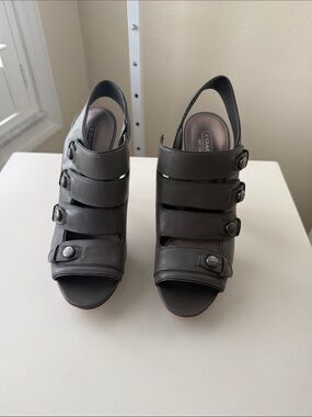 Coach Charcoal Gray Multi-Strap Open-Toe Slingback Heels